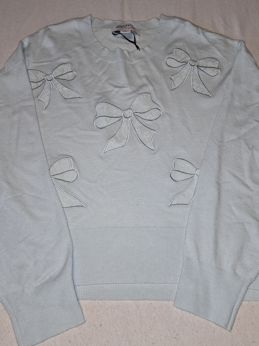 Bridgerton‎ Women's Lace Bow Sweater Light Blue Crew Neck Long Sleeve Size M